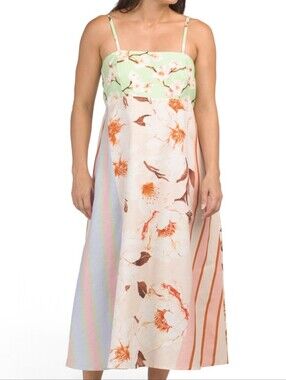 NWT- Italy Terzo Millennio Linen Blend Cream Floral Printed Maxi Dress - Size XL